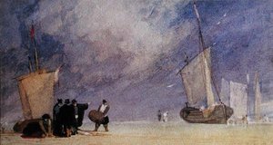 Figuren am Ufer entladen ein Boot bei Ebbe