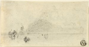 Skizze von Mont Saint Michel (recto); Gebäude am Wasser (verso)