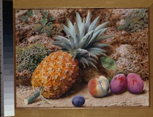 Eine Ananas, ein Pfirsich und Pflaumen auf einem moosigen Ufer