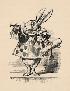 Ein Hase als Hofbeamter, der eine Trompete für eine Ankündigung bläst, 1889 von John Tenniel
