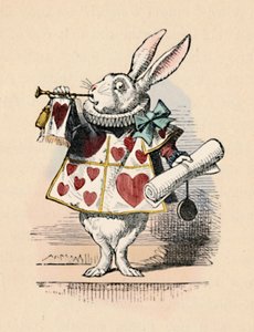 Ein Hase als Hofbeamter, der eine Trompete für eine Ankündigung bläst, 1889 von John Tenniel