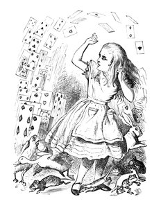Ein Kartenspiel fliegt über Alice, 1889 von John Tenniel