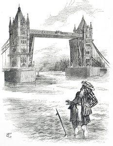 Karikatur von Vater Thames, der die Tower Bridge in London bewundert