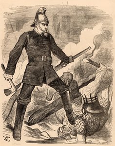 Eyre Massey Shaw bekämpft Feuer, aus "Punch" London, 20. August 1887 (Gravur)