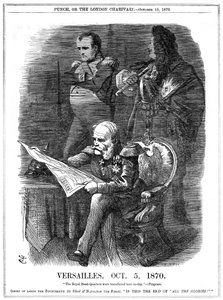 Deutsch-Französischer Krieg 1870-1871: Schatten von Ludwig XIV. und Napoleon I. beklagen das Verblassen des Ruhms Frankreichs. Am 5. Oktober 1870 machte Wilhelm I., König von Preußen, Versailles zu seinem Hauptquartier, und am 18. Januar wurde er im Spiege von John Tenniel
