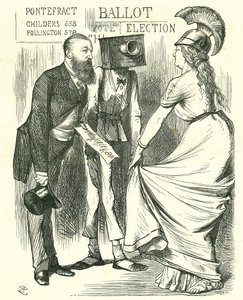 Hugh Childers (1827-1896) britischer Parlamentarier, berichtet Britannia vom Erfolg der neuen Wahlurne. John Tenniel Karikatur aus 