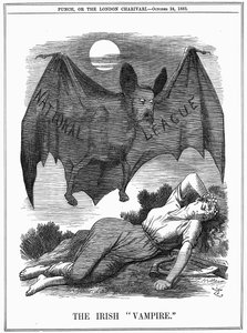 Irische National League, mit dem Gesicht von Charles Stewart Parnell (1846-1891), dargestellt als Vampir, der sich an Irland vergreift. John Tenniel Karikatur aus Punch London, 24. Oktober 1885. Gravur