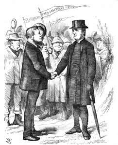Joseph Arch (1826-1919) englischer Gewerkschafter, Politiker und Landarbeiter. Gründer der National Union of Farm Labourers. Arch begrüßt den Bischof von Manchester, der die Gewerkschaft in einem Brief an The Times unterstützte. John Tenniel Karikatur aus 