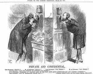 Eröffnung der anglo-französischen Telefonleitung. Der britische Premierminister (Lord Salisbury) im Gespräch mit dem französischen Präsidenten (Sadi Carnot). John Tenniel Karikatur aus Punch, London, 28. März 1891. Holzstich.