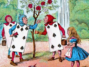Die Spielkarten bemalen die Rosenbüsche von John Tenniel