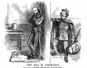 Vereinigung Italiens: Viktor Emanuel II., erster König von Italien ab Februar 1861, klopft an die Tür von Neapel, das Garibaldi mit seinen Rothemden im Namen des neuen Königreichs Italien erobert hat. John Tenniel Karikatur aus Punch von John Tenniel