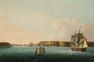 Die Küste und der Eingang von Brest, mit der HMS Boadicea, die einem wiederholenden Fregatten das Signal der Anzahl der französischen und spanischen Schiffe im Hafen gibt