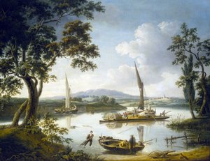 Blick auf die Themse in Shillingford (England), mit der Dorchester-Abtei am Horizont von John Thomas Serres