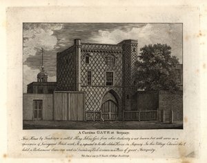 Ein kurioses Tor in buntem Ziegelwerk namens St. John Gate, das älteste Haus in Stepney