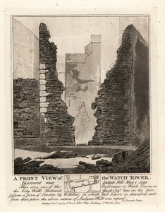 Vorderansicht des Wachturms oder Barbican in der Stadtmauer, entdeckt in der Nähe von Ludgate Hill, 1. Mai 1792 von John Thomas Smith