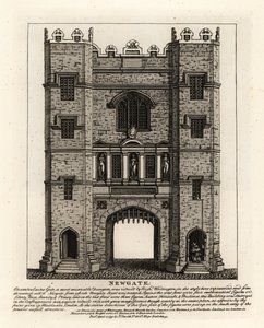 Newgate, wieder aufgebaut 1672 nach dem Großen Brand von London, mit drei Figuren: Gerechtigkeit, Tapferkeit und Klugheit vom ehemaligen Tor, das vom Bürgermeister von London Richard Whittington erbaut wurde