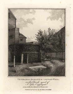 Überreste der römischen Londoner Mauer im Kirchhof von St Giles, Cripplegate