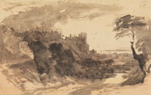 Romantische Landschaft mit einer Burg und einem Baum rechts