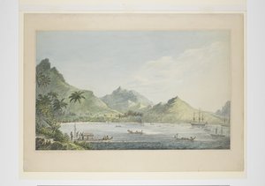 16: Eine Ansicht von Huaheine, aus einer Serie von Aquarellen, die Captain Cooks letzte Reise illustrieren, ca. 1773-84 von John Webber