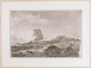 Zeichnung eines europäischen Schiffes unter Segeln in schwerer See; wahrscheinlich nicht eines von Cooks Schiffen. Gefertigt während Captain Cooks dritter Reise. von John Webber