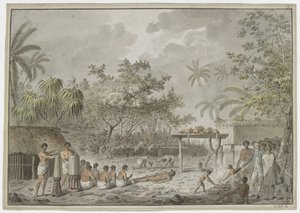Menschliches Opfer am großen Morai in Attahouroo, Tahiti, beobachtet von Captain Cook am 1. September 1777 von John Webber