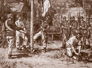 Hissen der französischen Flagge in den Neuen Hebriden, 1886, Illustration aus 