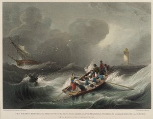 Die heldenhafte Rettung der Passagiere und Besatzung des Dampfschiffs Forfarshire durch Grace Darling und ihren Vater am Morgen des 7. September
