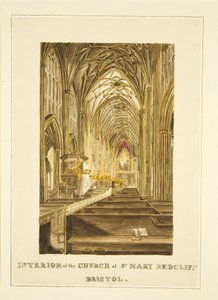 Blick auf das Mittelschiff von St. Mary Redcliffe, nach Osten, mit dem Hogarth-Altarbild, ca. 1824