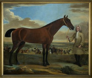 Scarr, ein braunes Rennpferd, gehalten von seinem Trainer A. Scottman von John Wootton