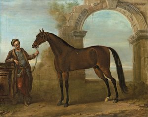 Der Godolphin Araber, gehalten von einem Stallburschen, in einer Landschaft mit einer Ruinenbogen, 1731 von John Wootton