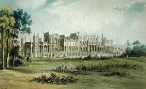 Eaton Hall, Westseite des Gartenfronts, aus Ackermanns Repository of Arts, veröffentlicht um 1826 von John after Gendall