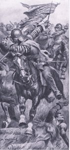 Leutnant John Smith erobert die königliche Standarte bei Edgehill zurück, 23. Oktober 1642, Illustration aus British Battles on Land and Sea, 1915 von John de Walton
