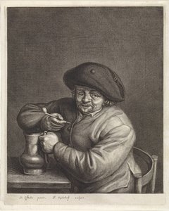 Bauer mit Pfeife und Krug in der Hand an einem Tisch