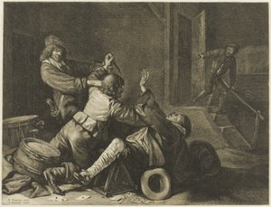Drei Männer, die in einem Innenraum kämpfen