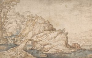 Hügelige Landschaft mit Fluss, Brücke und Häusern mit zwei Figuren links, spätes 16. bis mittleres 17. Jahrhundert