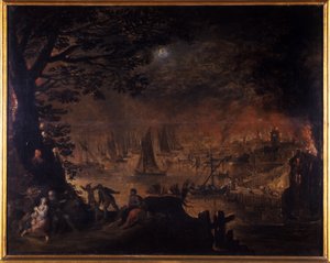 Brennende Stadt am Meer von Joos or Josse de Momper