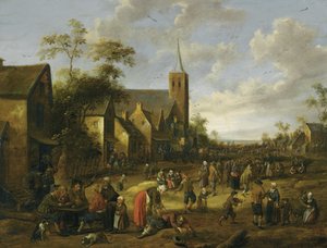 Eine belebte Dorfstraße mit zahlreichen Figuren, Bauern essen und trinken an einem Tisch im Vordergrund, ein Kirchturm dahinter