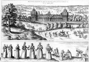 Ankunft von Königin Elizabeth I. im Nonesuch Palace und Männer und Frauen aus der Tudor-Gesellschaft, 1582