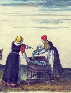 Fischweiber verkaufen und zerlegen Hecht, 1598 (Detail) von Joris Hoefnagel