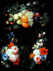 Orangen, Pfirsiche, Trauben, Pflaumen, Erdbeeren, Himbeeren und andere Früchte mit Rosen, Geißblatt und anderen Blumen