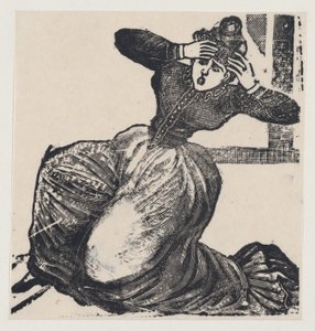 Eine keuchende Frau auf dem Boden mit erhobenen Händen zum Kopf, aus einem Flugblatt betitelt..., 1893