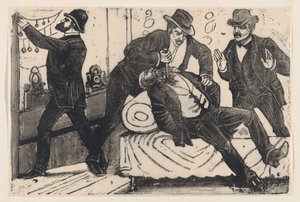 Ein Mann sticht einem anderen Mann in die Brust, während seine Komplizen ein Geschäft plündern, ca. 1890-1891 von José Guadalupe Posada