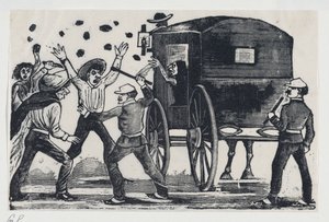 Männer kämpfen in der Nähe eines Pferdes und einer Kutsche, ca. 1900-1910