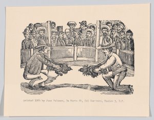Zwei Männer in einer Arena, die Hähne für einen Kampf vorbereiten von José Guadalupe Posada