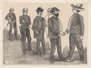 Zwei Männer schütteln sich die Hand im Vordergrund und Offiziere beobachten sie im Hintergrund