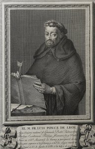 Barcelon, Juan (1739-1801). Porträt von Fray Luis de Leon. 1791. (36 x 23,8 cm). LEON, Fray Luis de (1528-1591). Spanischer Dichter, Prosaautor, Theologe und Augustinerphilosoph. Gravur. SPANIEN. KASTILIEN UND LEON. Salamanca. Universitätsbibliothek Salama