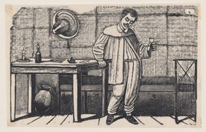 Ein Mann mit einem Glas in der Hand, der nach unten blickt und sich auf einen Tisch stützt, eine Illustration aus „El huérfano“ von José Guadalupe Posada