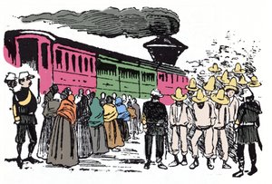 Die Mexikanische Revolution (1910-1920): Deportation von Arbeitern im Valle Nacional, circa 1908 - Xylographie von Jose Guadalupe Posada (1852-1913)