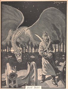 Zeichnung für das Gedicht "Wie die Nacht". Ein Drache, der aus dem Rauch von Fabriken entsteht, hinter einem deutschen Soldaten. Eine surreale Szene
