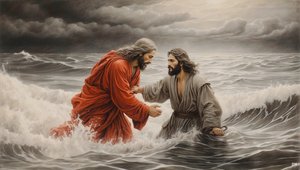 Jesus von Nazareth rettet Simon Petrus vor dem Ertrinken von Josef Johann Michel